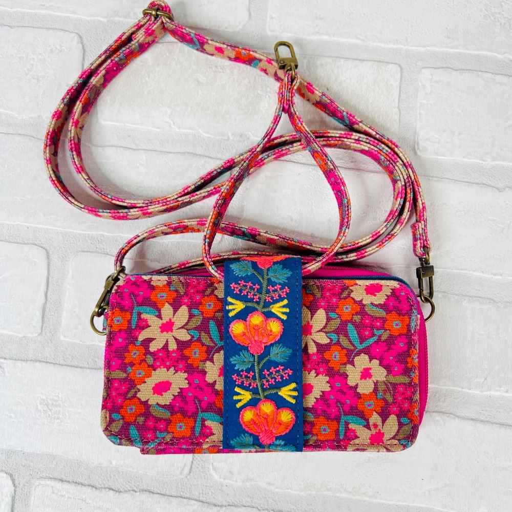 Natural Life Floral Tapestry Crossbody Wallet Bag Pink Embroidered Boho